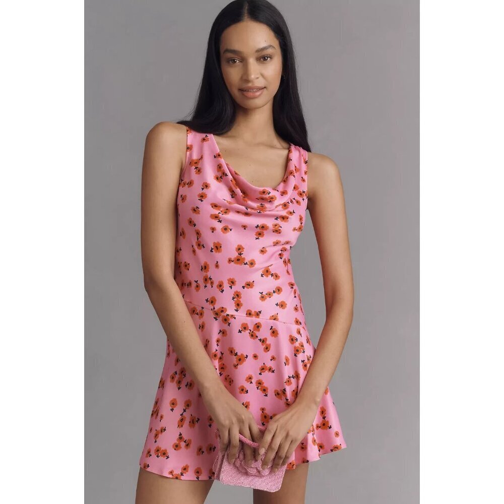 By Anthropologie Cowl-Neck Satin Mini Dress Pink Floral  L